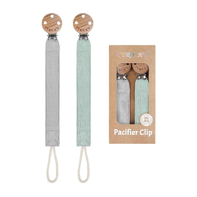 TYRY.HU Ribbon Pacifier Clip Holder,2 Pack Binky Paci Holder Clips, Pacifier Leash for Baby Boys and Girls, Soft Webbing Strap Universal Fits for Most Pacifier, Styles & Teethers Toys(Grey, Green)