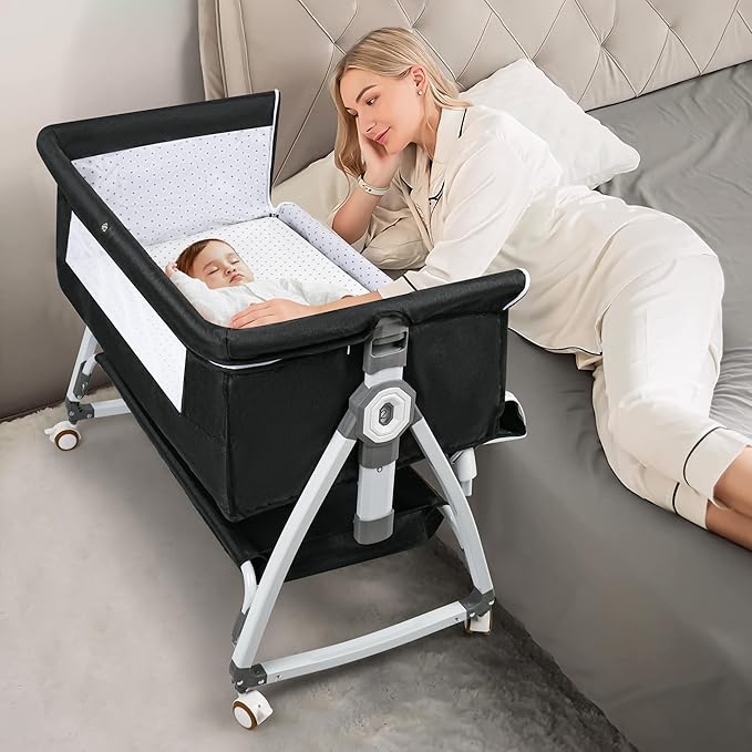 VOOI Baby Bassinet Bedside Sleeper, 3 in 1 Rocking Bassinet for Baby, Bassinet Bedside Sleeper with Wheels, Adjustable Height, Storage Basket, Mattress & Canopy, Bed Side Bassinet for Newborn