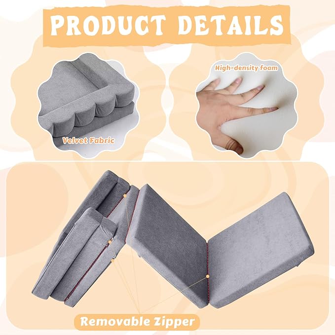 Portable Toddler Travel Bed|3-in-1 Foldable Floor Bed with Waterproof Handbag,High-Density Foam Sofa Chair for Kids,Collapsible Baby Camping Napmat,Indoor and Outdoor,Gray