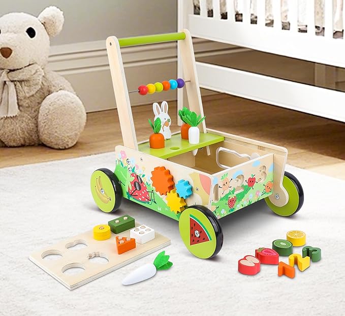 Wooden Baby Walker with Wheels,Toddler Push and Pull Walker Montessori Multiple Activity Center with Shape Sorting Grocery Toy and Puzzles Push Cart for Boys Girls 6-12 Months 1 2 3 Years Old (Fruit)