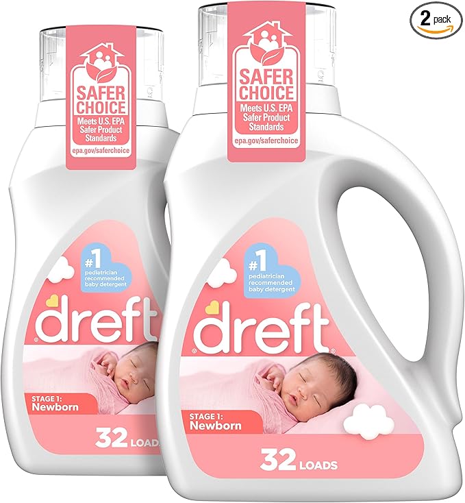 Dreft Newborn Baby Liquid Laundry Detergent, Gentle on Sensitive Skin, HE Compatible, 2 Pack, 32 Loads Each, Baby Laundry Detergent, Newborn Essentials