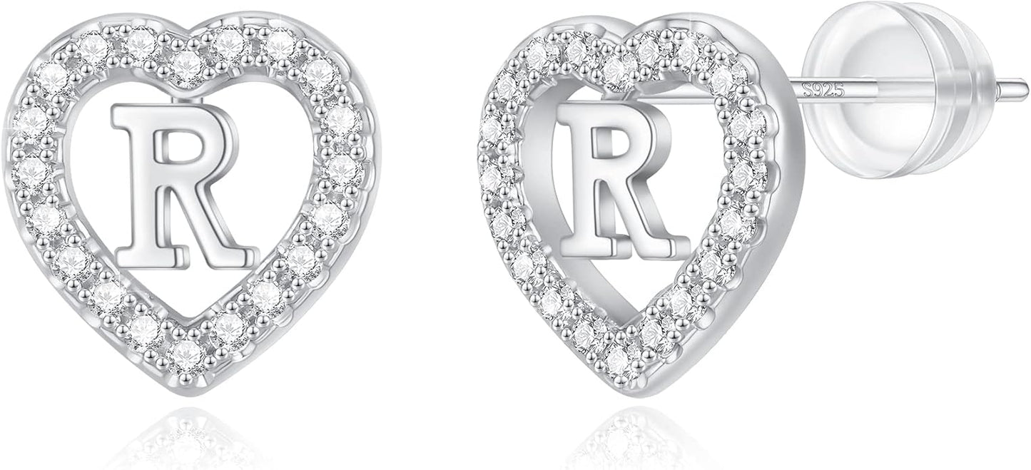 Initial Heart Earrings for Girls, Sterling Silver Post Silver/Rose Gold Heart Initial Stud Earrings for Little Girls Kids Baby Earrings Non Tarnish Hypoallergenic Earrings for Teen Girls Gifts Jewelry
