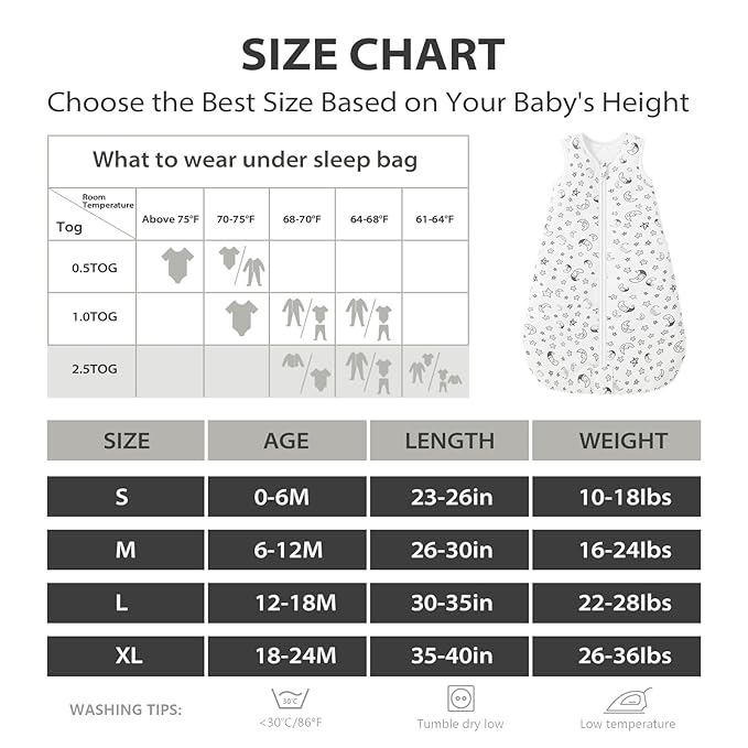 Mosebears Sleep Sack Baby Winter Wearable Blanket with 2-Way Zipper,2.5 TOG Cotton Sleep Sack Unisex (White Star, 12-18 Months)