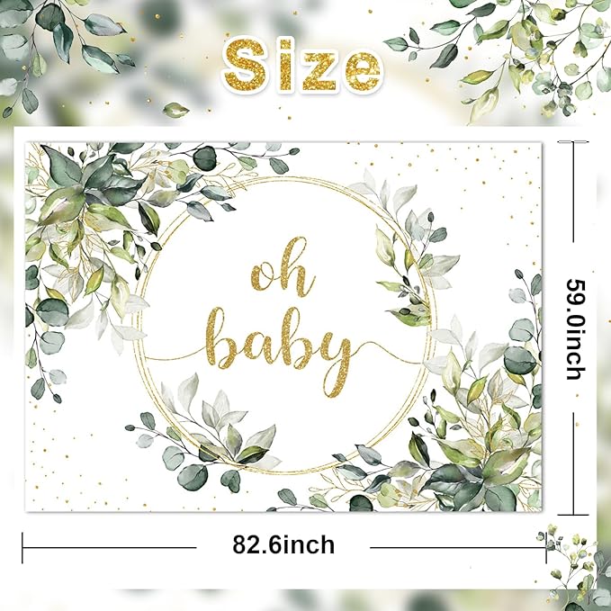 Mocsicka Greenery Baby Shower Backdrop Gold Oh Baby Background Green Eucalyptus Baby Shower Party Cake Table Decoration Banner Photo Booth Props (10x7ft)
