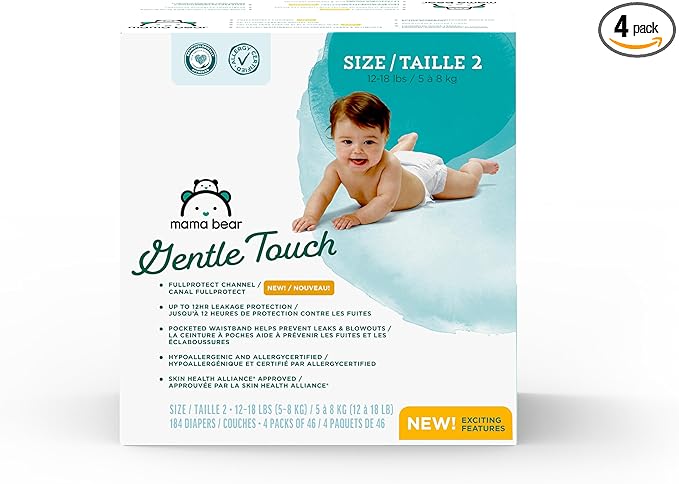 Amazon Brand - Mama Bear Gentle Touch Diapers, Size 2, 184 Count (4 packs of 46)