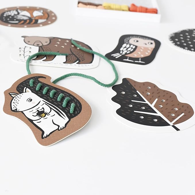 Wee Gallery Woodland Lacing Cards, Sewing Board and Travel Game for Toddlers and Preschoolers, Fine Motor Skills Toy, Montessori-Inspired Educational Kids Craft Activity for Ages 3+