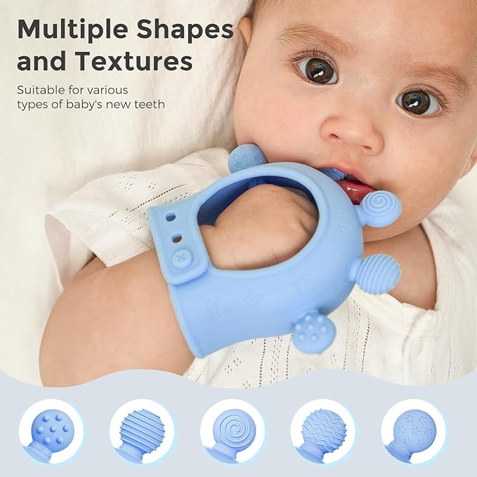 Momcozy Baby Teether Toys | Food Grade Silicone Teething Relief 0-6 Months | Toy 6-12 Months | Baby Essential | Blue