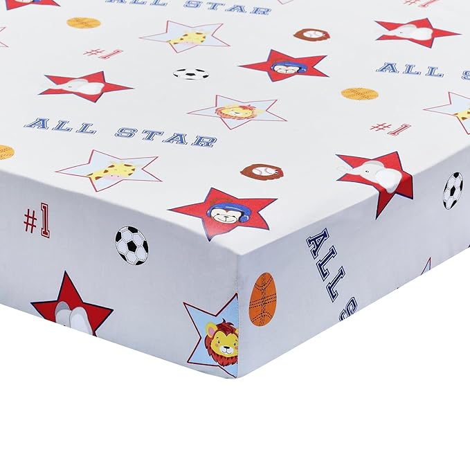 EVERYDAY KIDS 2 Pack Fitted Boys Crib Sheet, 100% Soft Breathable Cotton Baby Sheet, Fits Standard Size Crib Mattress 28in x 52in, Nursery Sheet with Giraffe, Elephants Sports Theme and Solid Blue