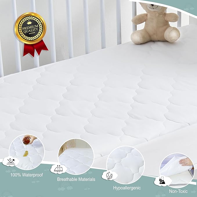 SavaKids 100% Natural Cotton Waterproof Crib Mattress Protector Sheet - Breathable, Fitted Pad for Babies & Toddlers, Ultra Soft & Noiseless (White)