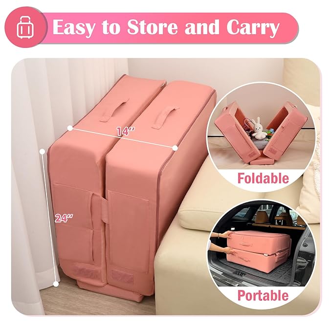 ENITYA Toddler Travel Bed, Folding Floor Cot for Travel, Portable Kids Bed for Sleeping, Washable Toddler Cot for Children 18M – 4yr Old, Pink