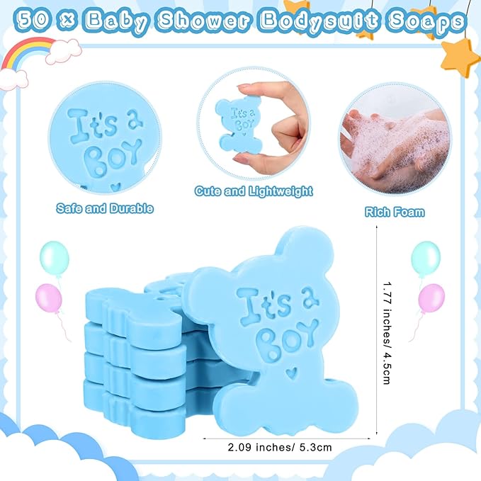 50 Sets Baby Shower Soap Favors for Guests Boy Girl Mini Handmade Scented Soaps with Thank You Tags and Organza Bags for Shower Gender Reveal Party Favors(It's A Boy,Blue Bear)