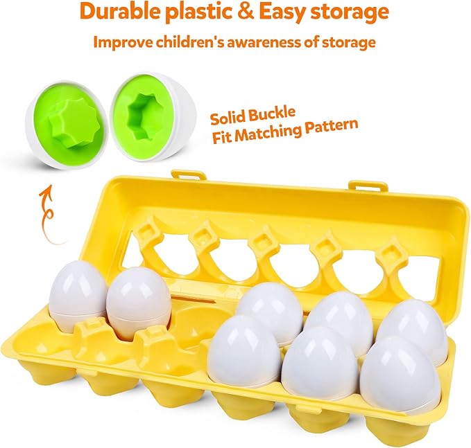 Montessori Geometric Eggs,12 pcs Set Color & Shape Egg Puzzle Toys Matching Eggs for Toddlers,Preschool Educational Sorting Game Fine Motor Toy Gifts for 1 2 3 Years Old Kids Boys Girls