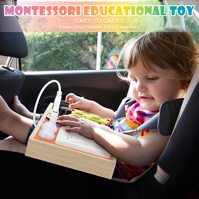 Busy Board with LED Light, Wooden Switches Board Sensory Toys for Toddlers 1-3, Toddlers Activity Travel Montessori Toys for 1 2 3 Year Old Boys Girls Birthday Gift