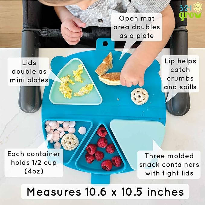 On-The-Go Snack Mat – Baby Silicone Travel Dining Placemat – Portable Silicone Toddler Plate – Reusable Snack Container with 3 Compartments and Lids for 6 Months + (Plum)