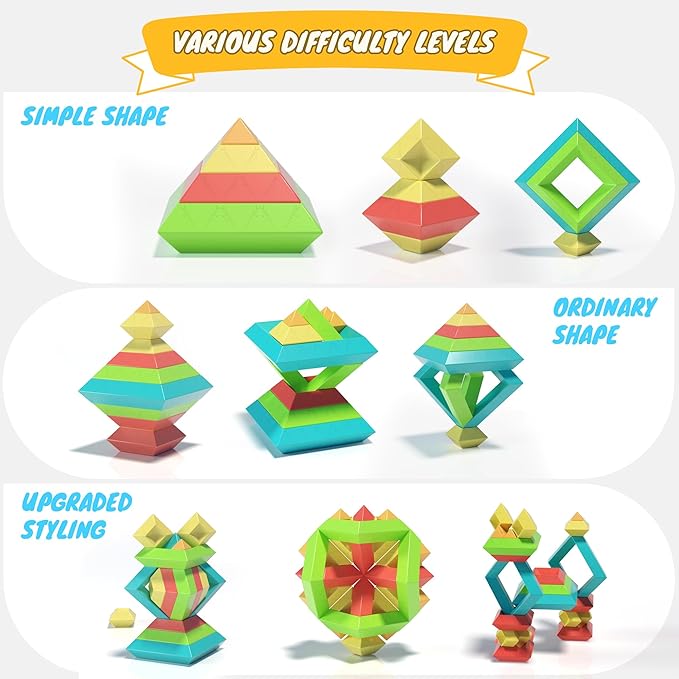 Montessori Toys for Ages 3 4 5 6 Toddlers Kids Baby,Pyramid Stacking Building Toys,3D Preschool Learning Blocks for Kids,STEM Sensory Toy Gifts for 2-4 Year Old Boy Girl,Plastic Storage Bag Set