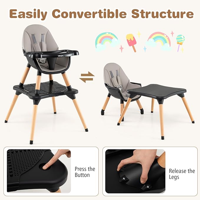BABY JOY 6 in 1 High Chair, Convertible High Chairs for Babies and Toddlers/Booster Seat/Table and Chair Set, Infant Wooden Highchair w/ 5-Point Harness, 4-Position Removable Tray & PU Cushion (Black)