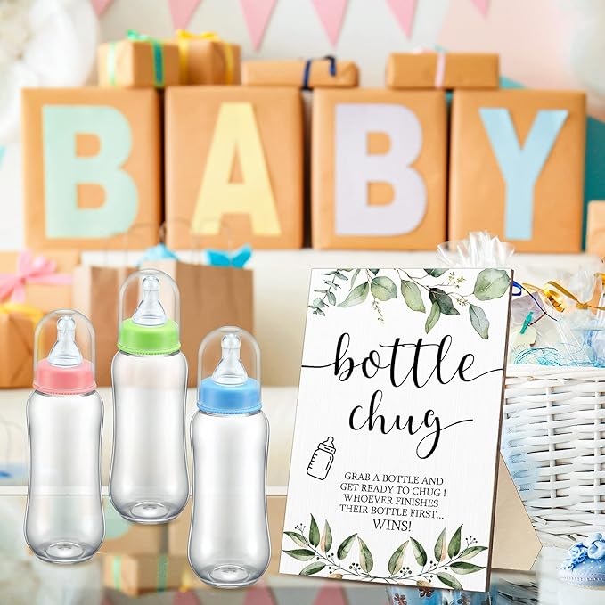 Roowest Bottle Chug Baby Shower Game Favors 12 Pcs Baby Bottles Shower Favor with 1 Wooden Sign for Gender Reveal Party Supplies Gifts(Green Leaves)