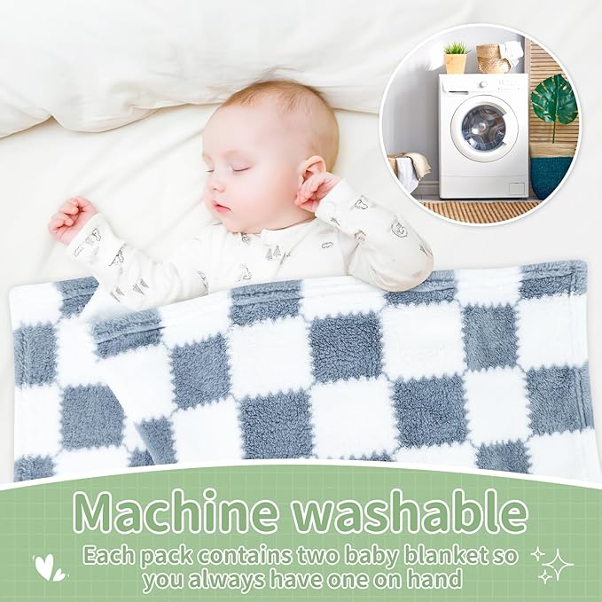 Checkered Baby Blanket for Boys, 2 Pack Soft Baby Boy Blankets, Small 28 x 40 inches Toddler Fleece Blanket, Essentials Crib Stroller Items, Newborn Gift (Blue)