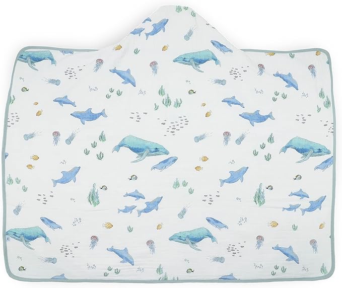 Little Unicorn Premium Hooded Bath Towel| Absorbent Cotton & Terry Blend | Larger Size, 1-6 Years (Whales)