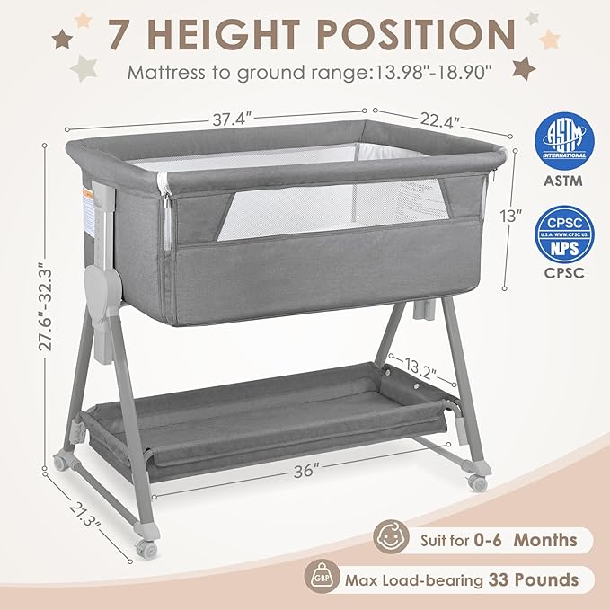 BIERUM Baby Bassinet for Baby - 7 Height Adjustable Bedside Bassinet with Lockable Wheels, Easy to Assemble Portable Bedside Crib with Large Storage Bag & Mattress for Newborn/Infant