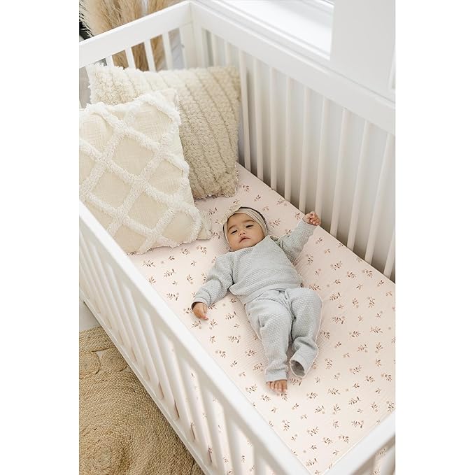Konssy Muslin Crib Sheets for Girl Boy, 2 PCS Soft and Breathable Cotton Baby Sheets for Standard Crib Mattress, 52"x 28" (Pink Sun,Khaki Leaf)