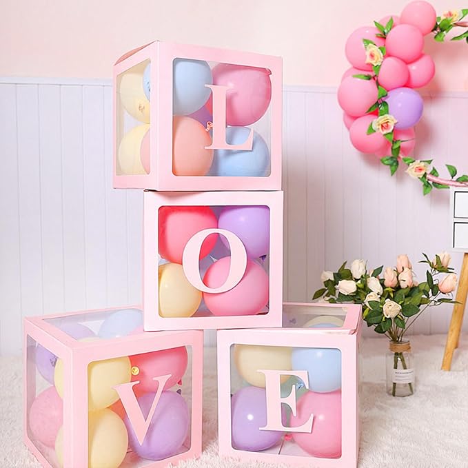 Ledido Baby Boxes with Letters for Baby Shower, Pink Clear Balloon Boxes with 43 Letters for Gender Reveal Wedding Birthday Party Decorations 4PCS