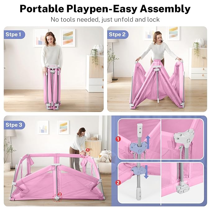 Baby Playpen Portable, Pre-Assembled Play Pen 71x79 Large Foldable Playpen for Babies and Toddlers, Sturdy and Safe Toddler Play Yard Indoor Outdoor with Carry Bag, Pink