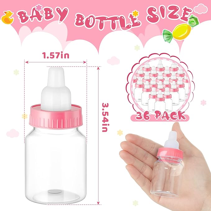 36 Pcs 3.5 Inch Baby Bottle Shower Favor Mini Plastic Candy Bottle Clear Bottles for Baby Shower Mini Feeding Candy Box for Party Favor Gift Decor(Pink)