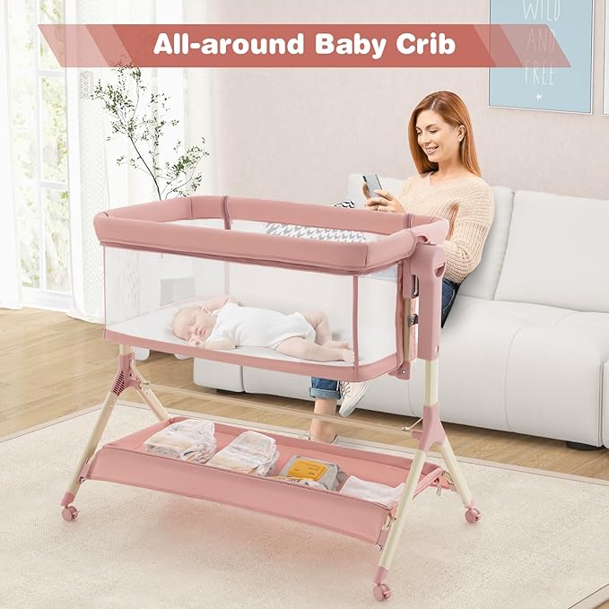 BABY JOY Bassinet, 3 in 1 Rocking Bedside Bassinet w/Storage Basket, Universal Wheels, Adjustable Height, Mattress, Net & Portable Bag, Carriable Crib Baby Bassinets Bedside Sleeper (Pink)