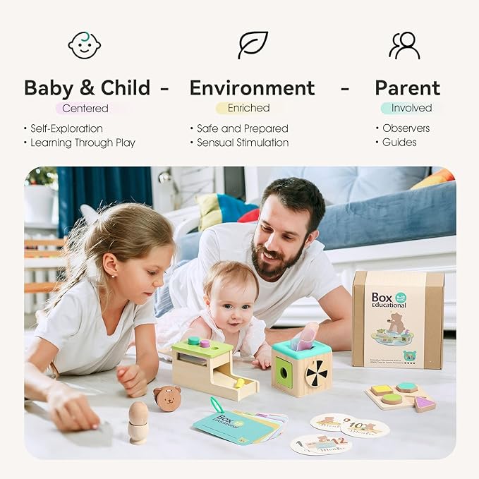 IEATFO Montessori Toys for Babies 9-12 Months, 7-in-1 Wooden Playful Learning Toys with Egg Cup, Castanets, Baby Tissue Box, Textured Shape Puzzle, Cylinder Drop Box and More, Stage-Based Toy