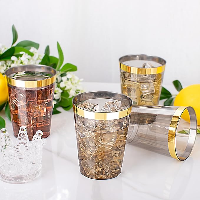 supernal 100pcs Gold and Black Plastic Cups 10oz Gold Rimmed Elegant Black Party Cups Heavy Duty Fancy Wedding Drinking Tumblers Plastic Cup for Party and Birthday