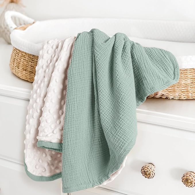 lulumoon Baby Blanket for Newborn Receiving: Minky Dot & Muslin Lightweight - Thermal Blanket Gift for Baby Shower & Hospital Welcoming 30"x40"(Sage)