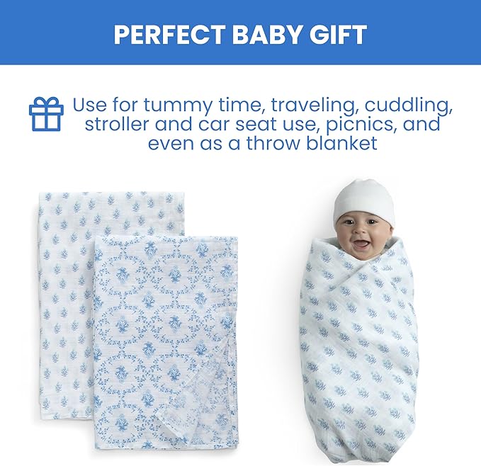 Delta Children 100% Cotton Muslin Baby Receiving Blankets for Girls and Boys – 47x47 Inches (Pack of 2), Blue Botanicals