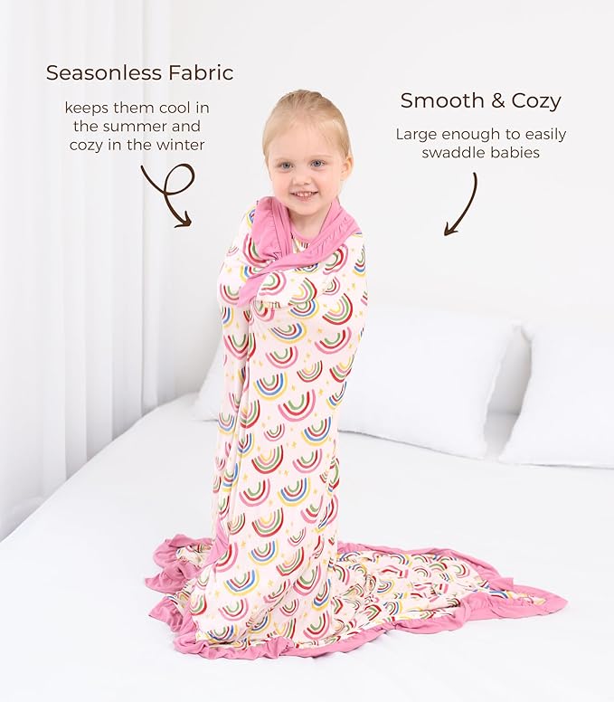 Premium Baby Blanket for Girls, Stretchy Quilt, Soft Crib Bedding for Newborn Baby and Toddler, Ruffle Nursery Blanket for Kids, Viscose Made from Bamboo, 50''x50'' Rainbow