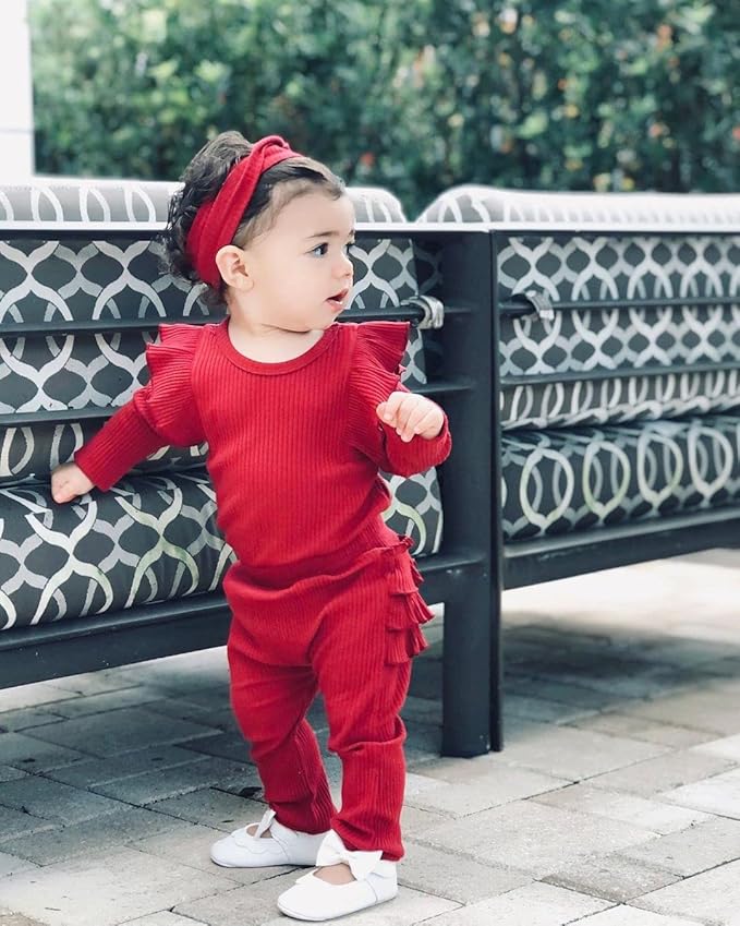 Fullfamous Baby Girl's 3pc Rib Frill Long Sleeve Romper and Pant Set