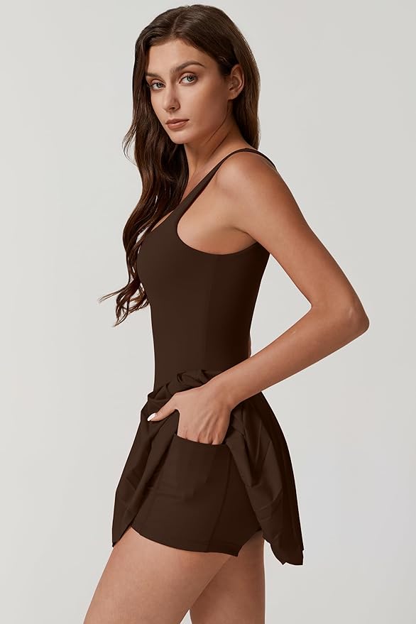 QINSEN Womens Square Neck Tennis Dress Pleated Sleeveless Built in Shorts Golf Athletic Dress with Pockets