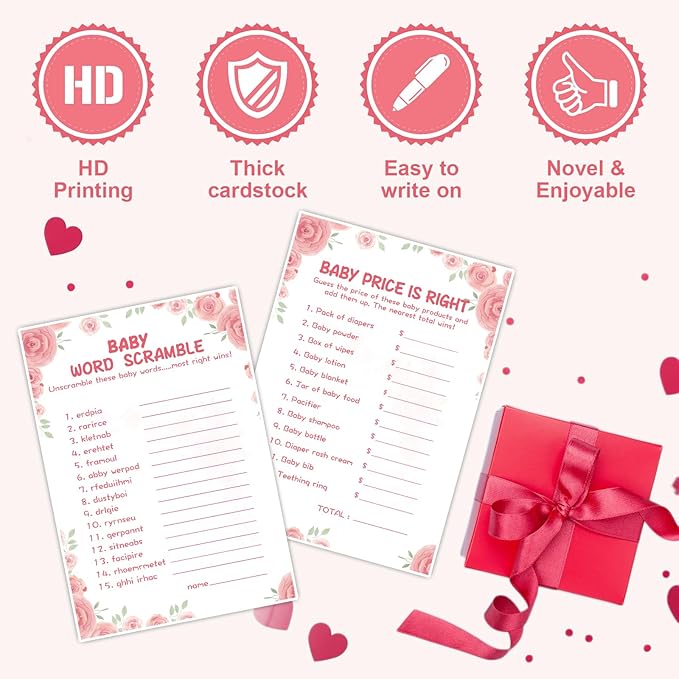 Baby Shower Games for Girl-2 Games(50 of Each),Baby Shower Word Scramble Game&Price is Right,Double-Sided,Thick Cardboard,Fun,Hilarious,with Answer Keys