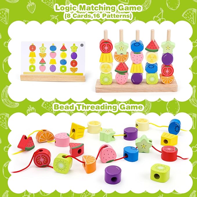 Montessori Wooden Beads Mastery Kit: Fine Motor Skills Builder for Toddlers 2-5 Stacking Blocks Lacing Beads Travel Learning Toys STEM Gifts for 2 3 4 5 Year Old Boys Girls Toys for Ages 2-4