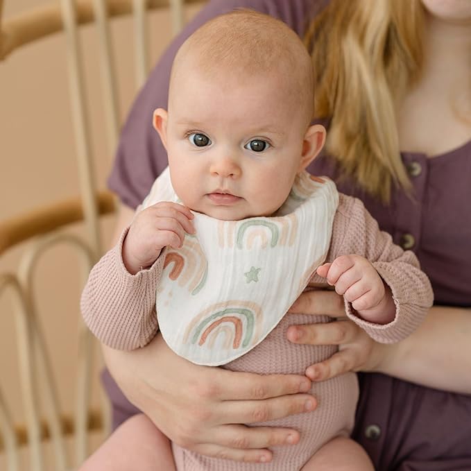 Crane 100% Cotton Baby Bib Set - Butterfly & Rainbow Muslin Bibs - Set of 3 Drool Bibs for Baby Boys or Girls - Newborn Eating Essentials