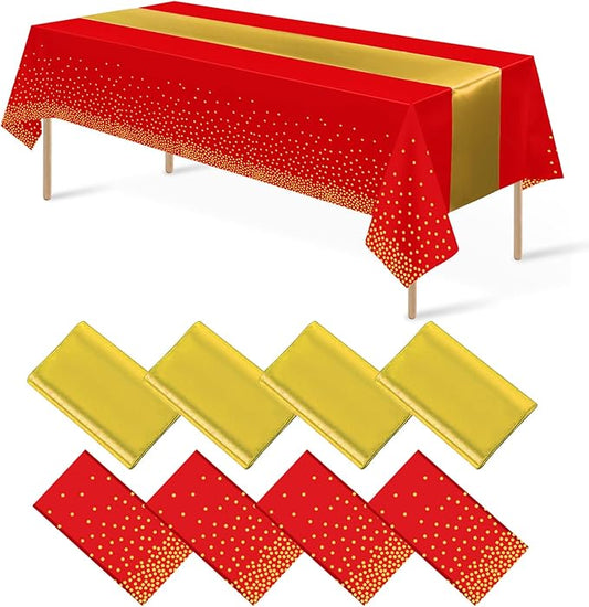 8Pack Disposable Plastic Party Tablecloths and Satin Table Runner Set Red and Gold Dot Table Cloth Gold Satin Table Runner for Wedding Birthday Baby Shower Anniversary Holiday Party Decorations