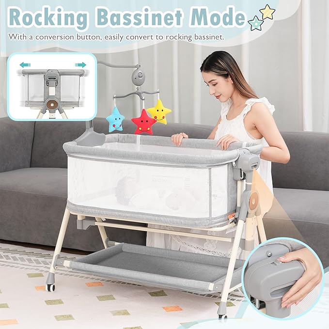 Baby Bassinet, Rocking Bassinet, 3 in 1 Bassinets Bedside Sleeper with Musical Toys, Bedside Bassinet for Baby with Storage Basket and Wheels, Adjustable Bedside Crib for Newborn (Grey)
