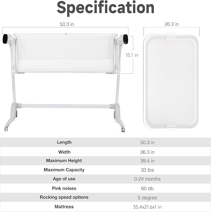 Maydolly Baby Bassinet, Smart Crib, Automatic Cry Detection and Response, Rocking Bassinet for Baby, 7 Height Adjustable with Mattress for Newborns (White)