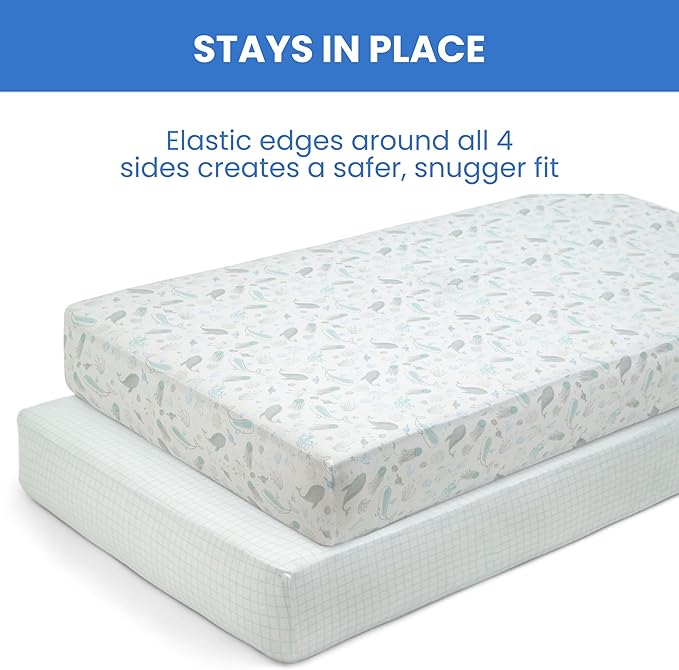 Delta Children Fitted Crib Sheets for Girls and Boys - 100% Organic Cotton Crib Sheet for Standard Crib and Toddler Mattresses - 28x52 Inch- GOTS Certified (Pack of 2), Sea Life