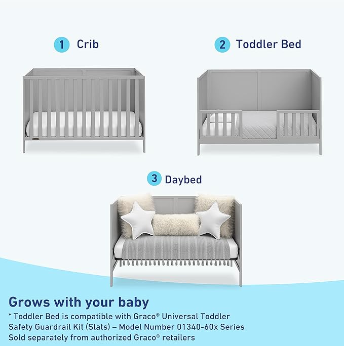Graco Theo 3-in-1 Convertible Baby Crib (Pebble Gray) - GREENGUARD Gold Certified, Converts to Toddler Bed & Daybed, Fits Standard Full-Size Baby Crib Mattress, 4 Adjustable Mattress Heights