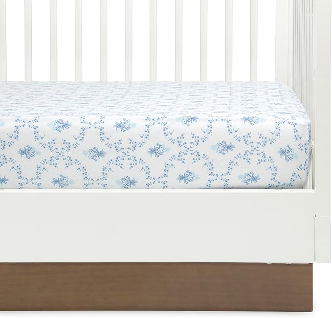 Delta Children 100% Organic Cotton Fitted Crib Sheets, Blue Botanicals + 100% Organic Jersey Cotton Baby Receiving Blankets – 30x40 Inches - GOTS Certified (Pack of 2) (Bundle)
