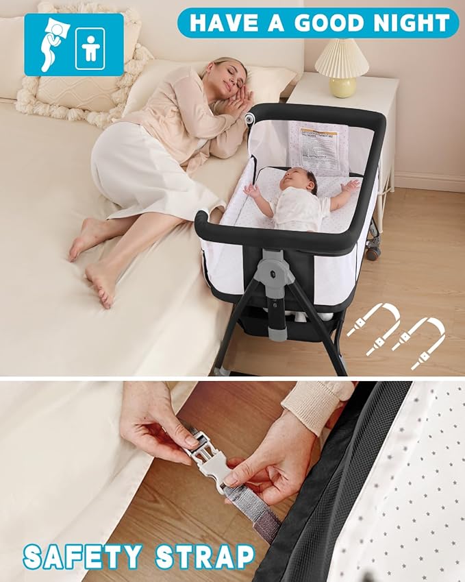 3 in 1 Baby Bassine Crib with Breathable Mesh, Bassinet Bedside Sleeper with Wheels, Mosquito Net, Storage Basket, 6 Height Adjustable, Easy to Fold, Rocking Bassinet for Baby, Black