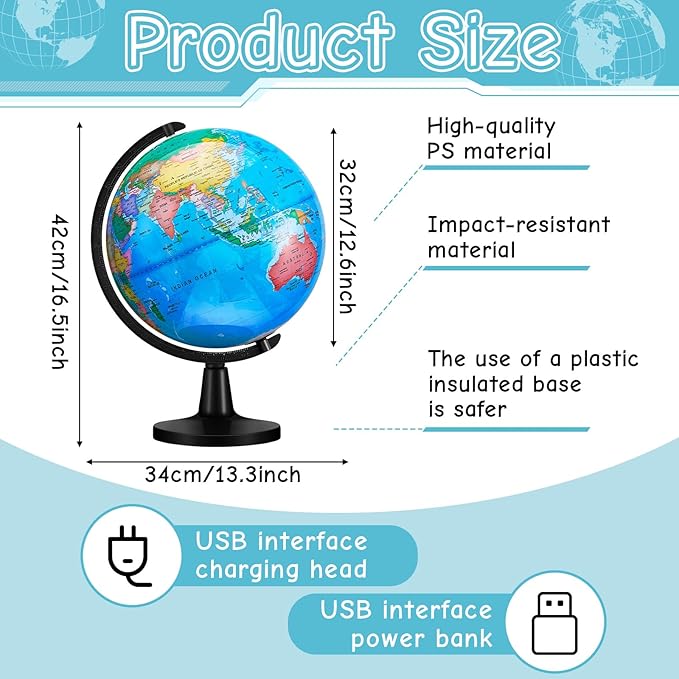 Amylove 13'' Illuminated World Globe for Adults 720°/360° Rotation Rewritable Light Up Globe with Stand World Map for Interactive Learning Light with Base Lamp LED Decor(Plastic,Classic)