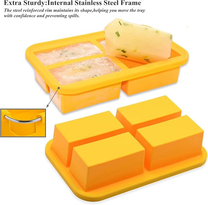 Bangp 1-Cup Silicone Freezer Trays with Lid,2 Pack,Easy-Release Silicone Freezing Tray for Soup Ice Cubes,Soup Freezer Molds,Freeze & Store Broth,Sauce,Leftovers - Makes 8 Perfect 1 Cup Portions