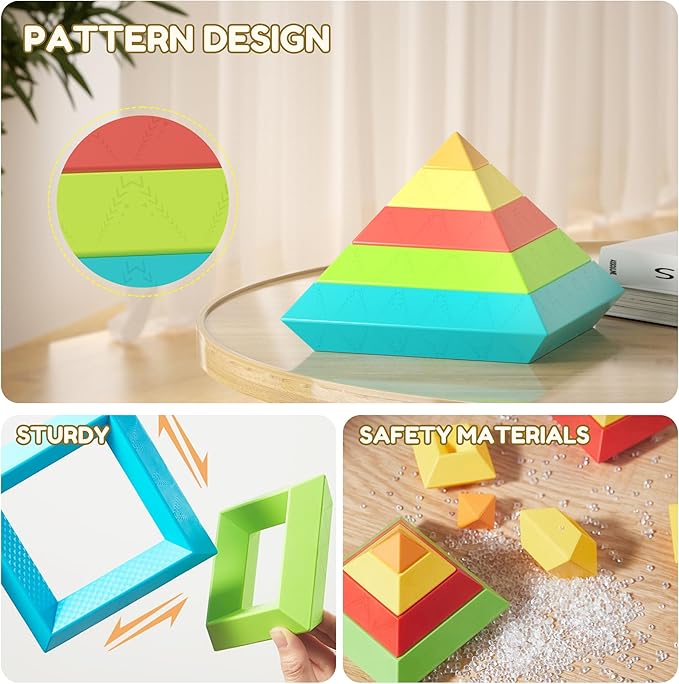 Montessori Toys for Ages 3 4 5 6 Toddlers Kids Baby,Pyramid Stacking Building Toys,3D Preschool Learning Blocks for Kids,STEM Sensory Toy Gifts for 2-4 Year Old Boy Girl,Plastic Storage Bag Set