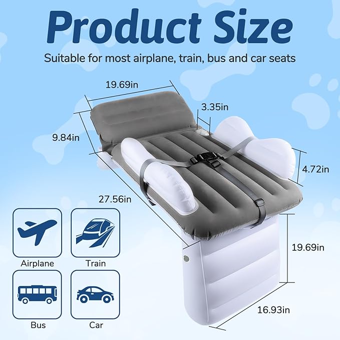 omzer Inflatable Toddler Airplane Bed: Airplane Seat Extender for Kids with Cup Holder & Seat Belt - Portable Baby Travel Bed with Travel Bag & Hand Pump